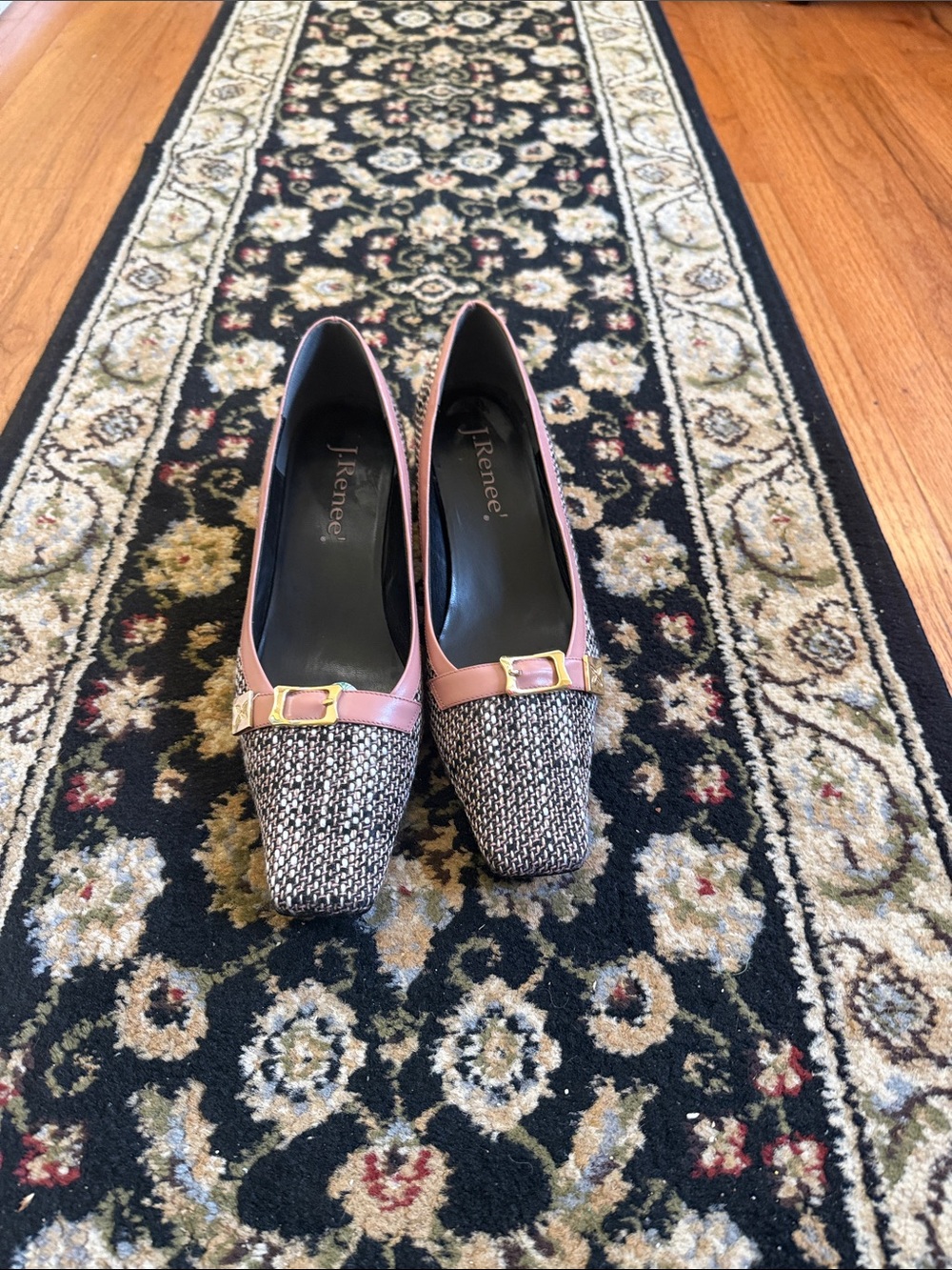 J.Renee Pink Tweed Square-Toe Pumps with Gold Buckle